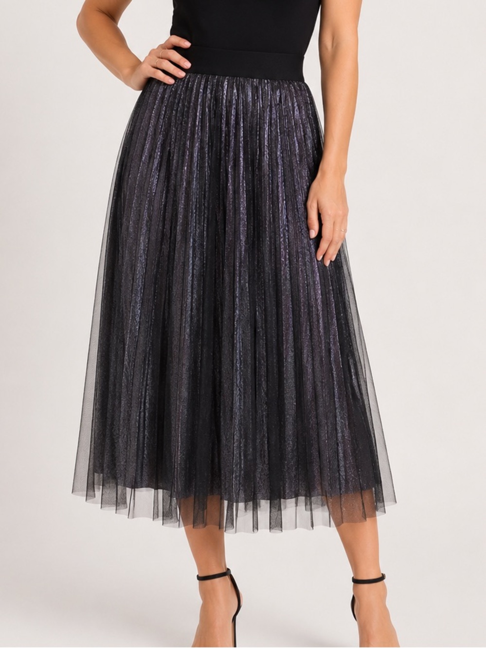 Metro Wear Black Metallic Pleated Midi Skirt L party bridal shimmer glam